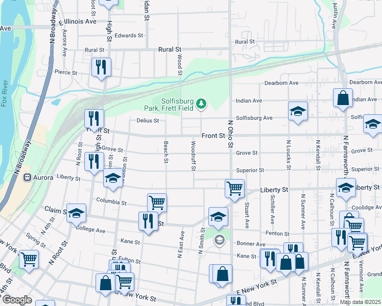 map of restaurants, bars, coffee shops, grocery stores, and more near 400 Woodruff Street in Aurora