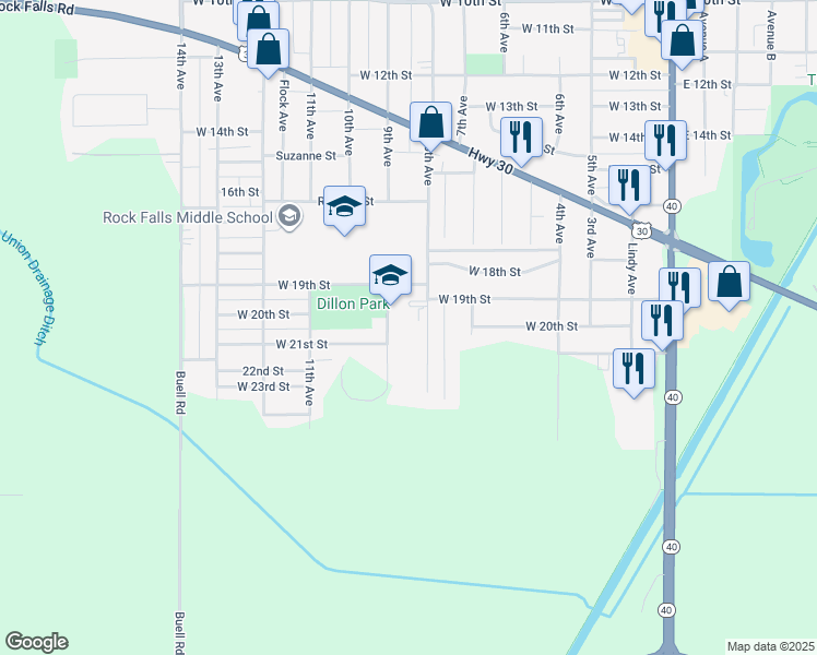 map of restaurants, bars, coffee shops, grocery stores, and more near 1901 8th Avenue in Rock Falls