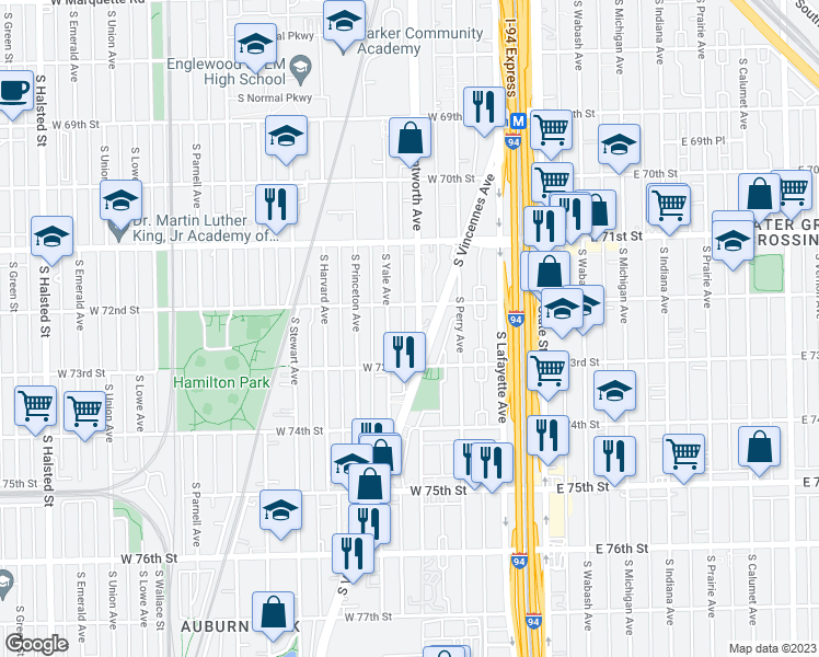 map of restaurants, bars, coffee shops, grocery stores, and more near 7222 South Wentworth Avenue in Chicago