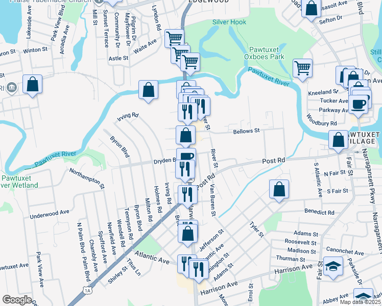map of restaurants, bars, coffee shops, grocery stores, and more near 484 Warwick Avenue in Warwick