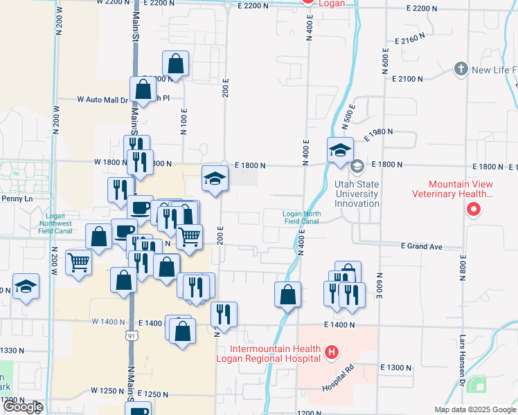 map of restaurants, bars, coffee shops, grocery stores, and more near 300 East 1770 North in North Logan