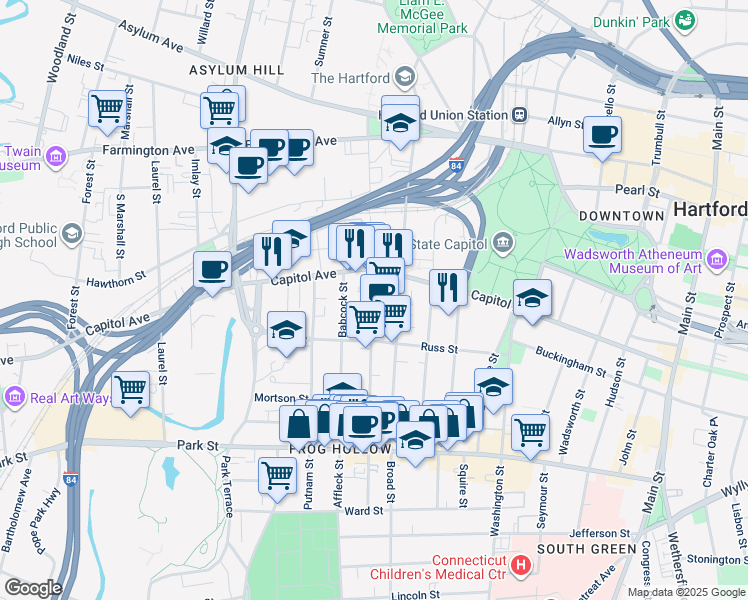 map of restaurants, bars, coffee shops, grocery stores, and more near 247 Lawrence Street in Hartford