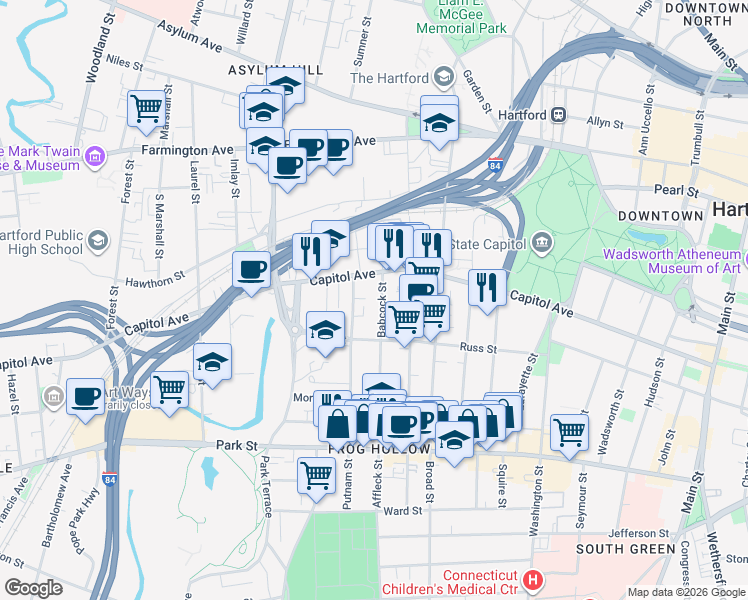 map of restaurants, bars, coffee shops, grocery stores, and more near 250 Putnam Street in Hartford