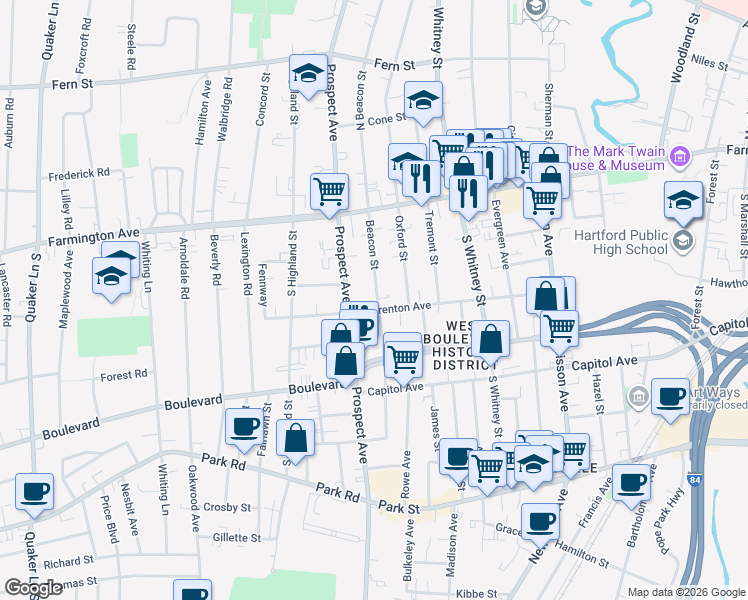 map of restaurants, bars, coffee shops, grocery stores, and more near 158 Beacon Street in Hartford