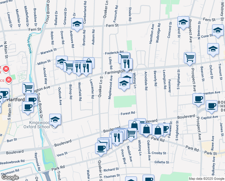 map of restaurants, bars, coffee shops, grocery stores, and more near 50 Maplewood Avenue in West Hartford