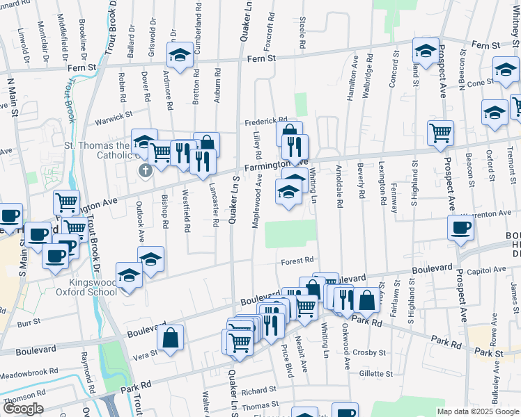 map of restaurants, bars, coffee shops, grocery stores, and more near 50 Maplewood Avenue in West Hartford