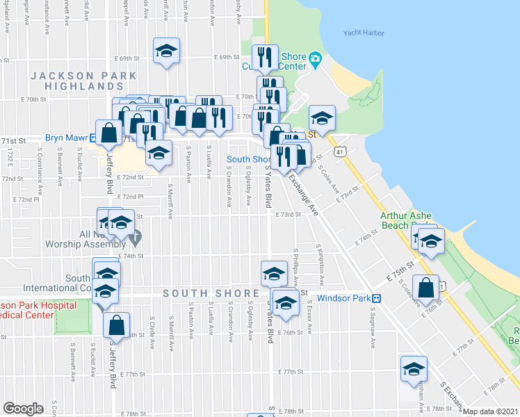 map of restaurants, bars, coffee shops, grocery stores, and more near 7250 South Yates Boulevard in Chicago