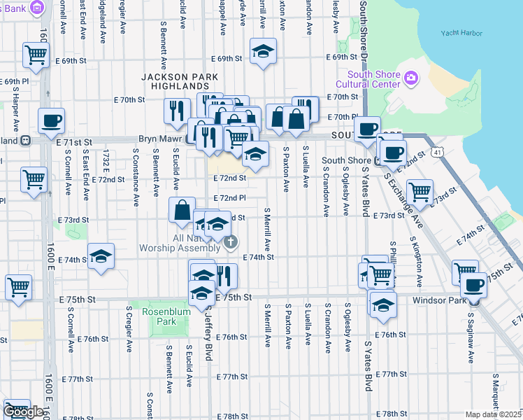 map of restaurants, bars, coffee shops, grocery stores, and more near 7244 South Merrill Avenue in Chicago