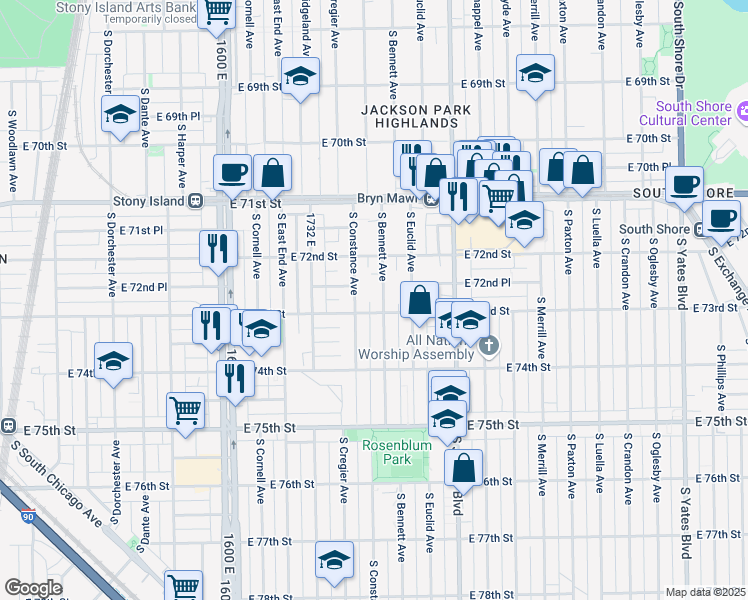 map of restaurants, bars, coffee shops, grocery stores, and more near 7245 South Bennett Avenue in Chicago