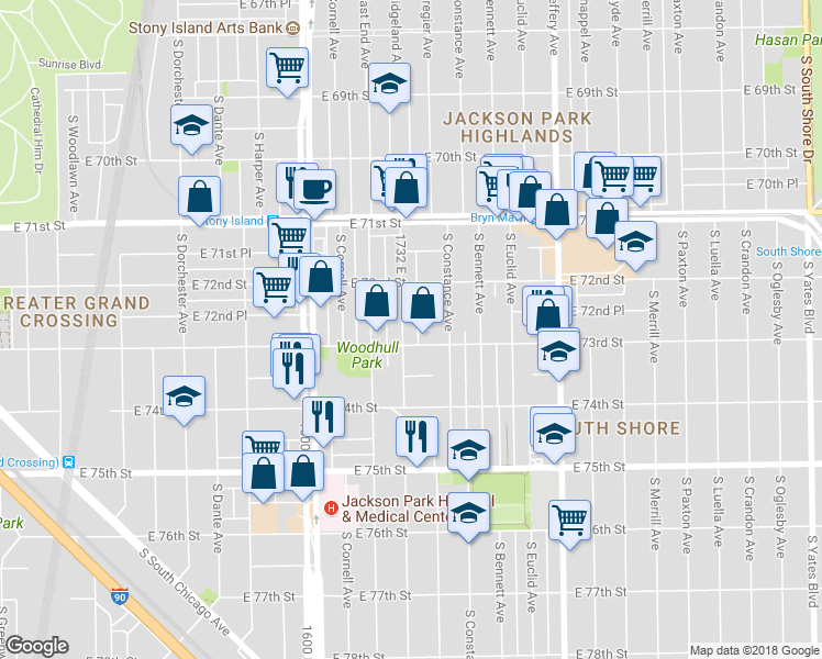 map of restaurants, bars, coffee shops, grocery stores, and more near 7243 South Ridgeland Avenue in Chicago