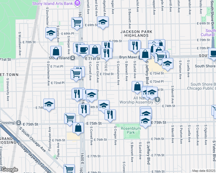 map of restaurants, bars, coffee shops, grocery stores, and more near 7243 South Ridgeland Avenue in Chicago