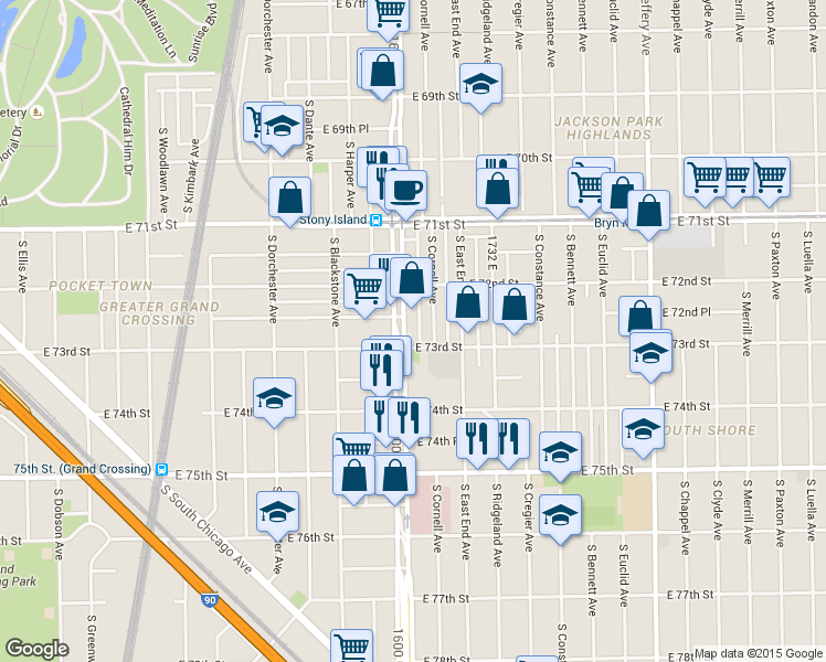 map of restaurants, bars, coffee shops, grocery stores, and more near 7240 South Cornell Avenue in Chicago
