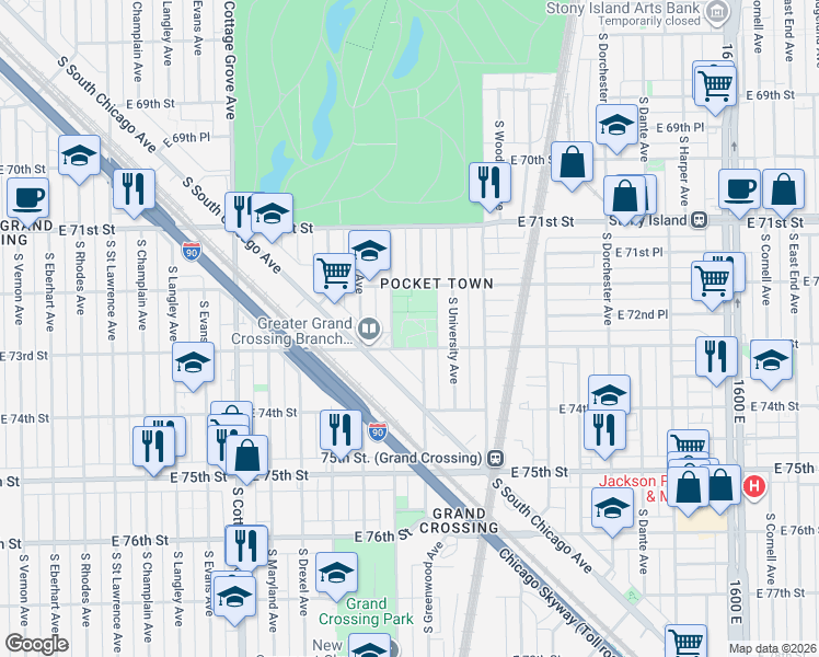 map of restaurants, bars, coffee shops, grocery stores, and more near 7224 South Dobson Avenue in Chicago