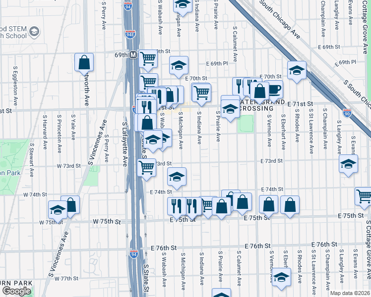 map of restaurants, bars, coffee shops, grocery stores, and more near 7227 South Michigan Avenue in Chicago
