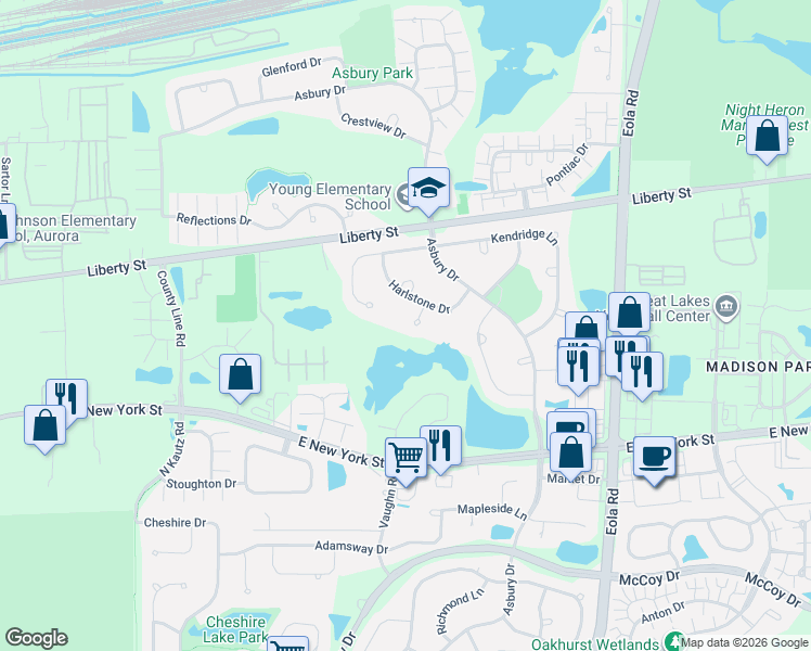 map of restaurants, bars, coffee shops, grocery stores, and more near 560 Casey Court in Aurora