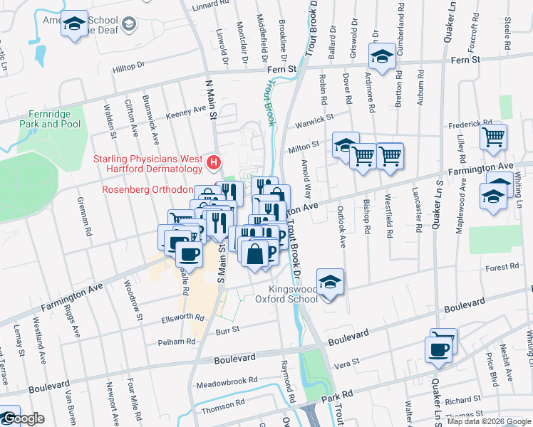 map of restaurants, bars, coffee shops, grocery stores, and more near 924 Farmington Avenue in West Hartford
