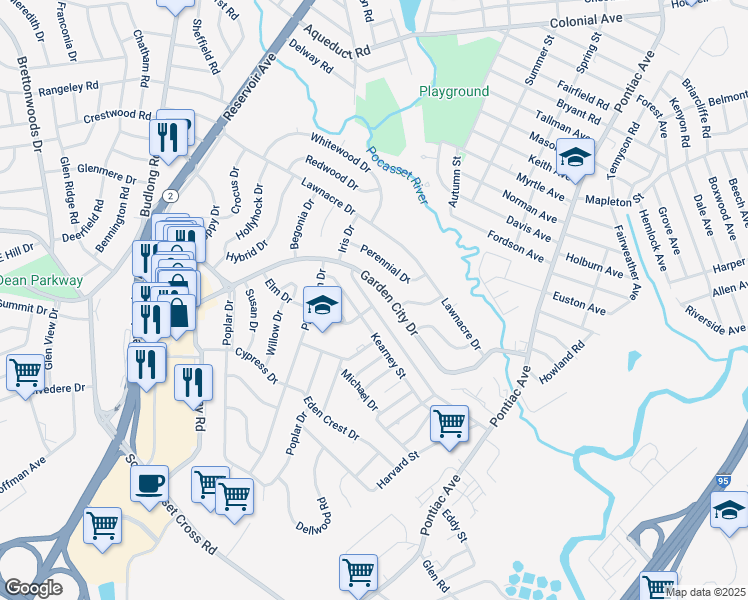 map of restaurants, bars, coffee shops, grocery stores, and more near 265 Capuano Avenue in Cranston