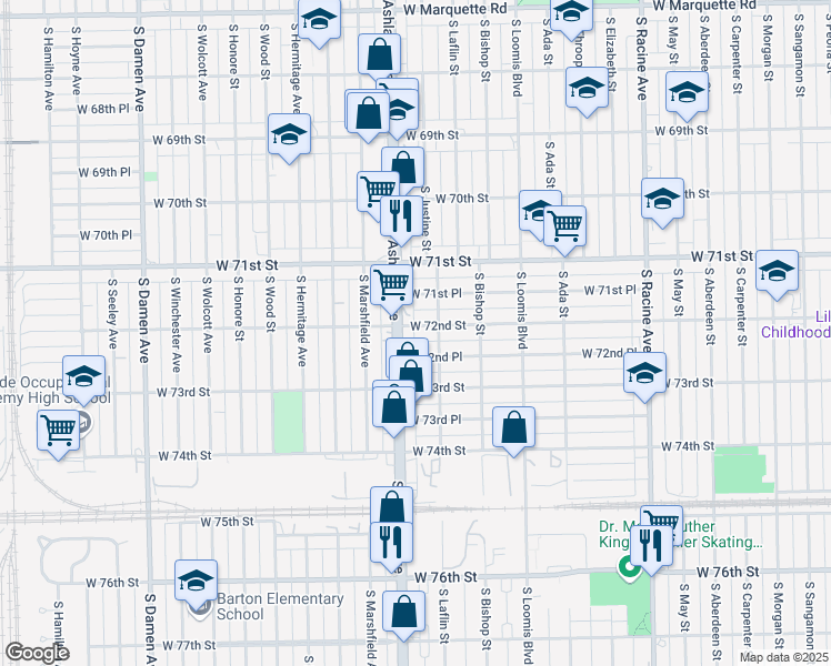 map of restaurants, bars, coffee shops, grocery stores, and more near 1521 West 72nd Street in Chicago
