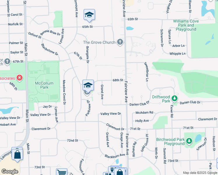 map of restaurants, bars, coffee shops, grocery stores, and more near 6812 Osage Avenue in Downers Grove