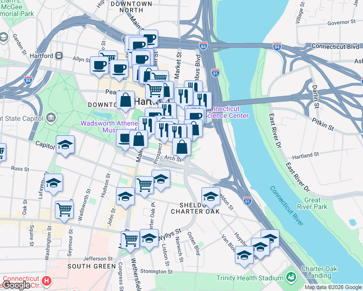 map of restaurants, bars, coffee shops, grocery stores, and more near 20 Front Street in Hartford