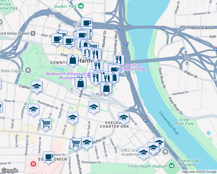 map of restaurants, bars, coffee shops, grocery stores, and more near 44 Front Street in Hartford