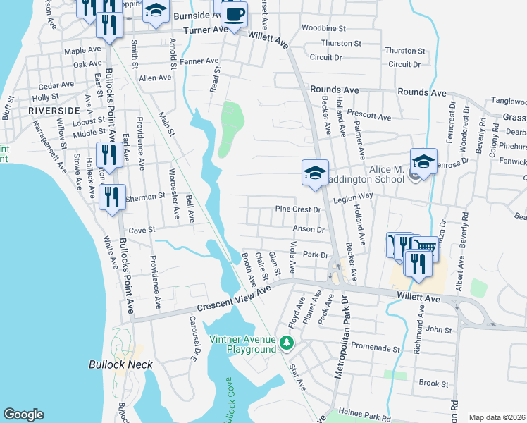 map of restaurants, bars, coffee shops, grocery stores, and more near 96 Pine Crest Dr in East Providence