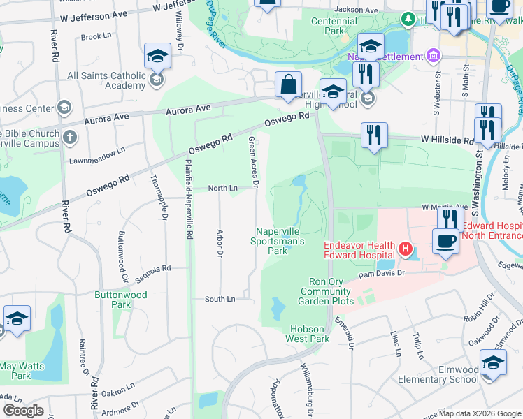 map of restaurants, bars, coffee shops, grocery stores, and more near 7S361 Green Acres Drive in Naperville