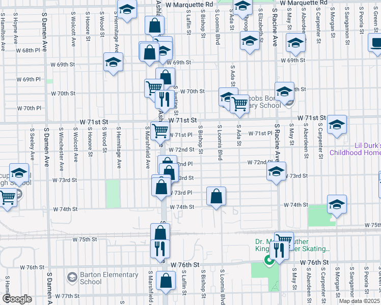 map of restaurants, bars, coffee shops, grocery stores, and more near 1465 West 72nd Street in Chicago