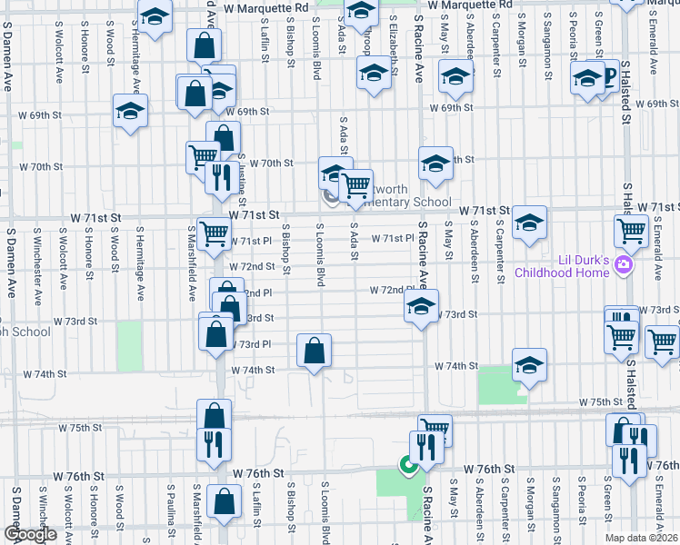 map of restaurants, bars, coffee shops, grocery stores, and more near 1331 West 72nd Street in Chicago