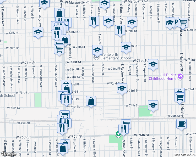 map of restaurants, bars, coffee shops, grocery stores, and more near 1331 West 72nd Street in Chicago