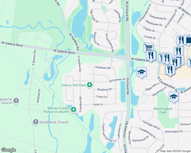 map of restaurants, bars, coffee shops, grocery stores, and more near 2504 Cambridge Circle in Aurora