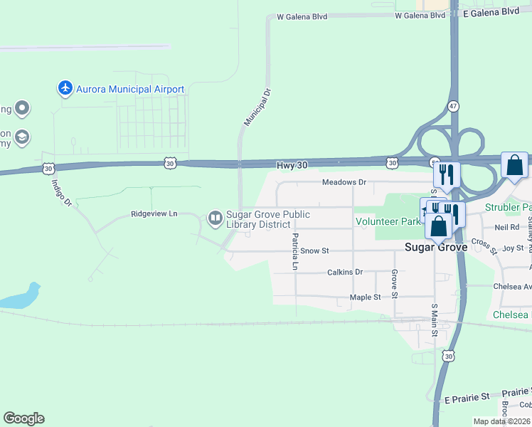 map of restaurants, bars, coffee shops, grocery stores, and more near 324 Bastian Drive in Sugar Grove