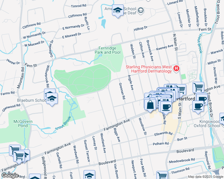 map of restaurants, bars, coffee shops, grocery stores, and more near 54 Arlington Road in West Hartford