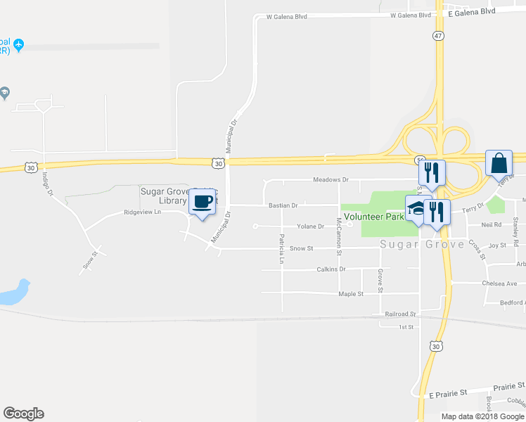 map of restaurants, bars, coffee shops, grocery stores, and more near 324 Bastian Drive in Sugar Grove