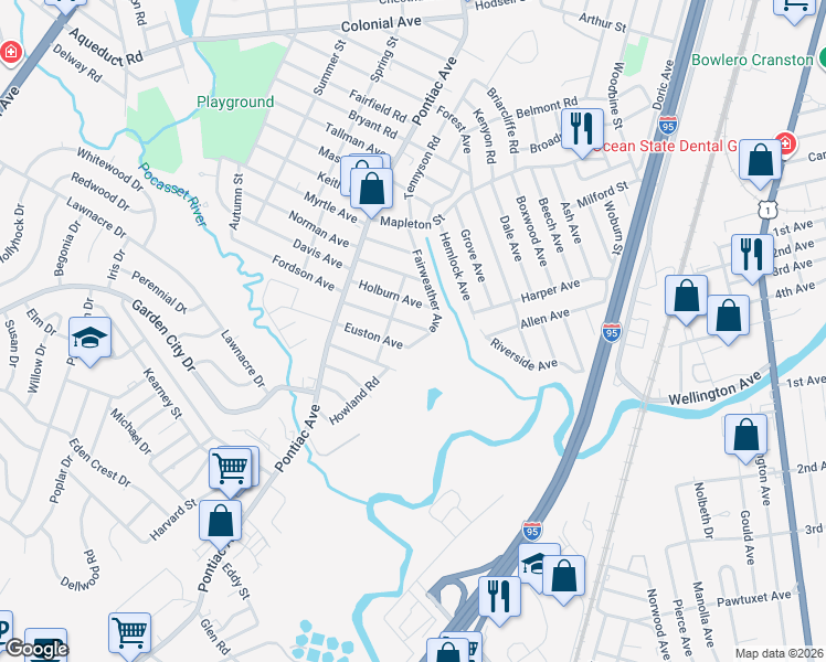 map of restaurants, bars, coffee shops, grocery stores, and more near 77 Dixwell Avenue in Cranston