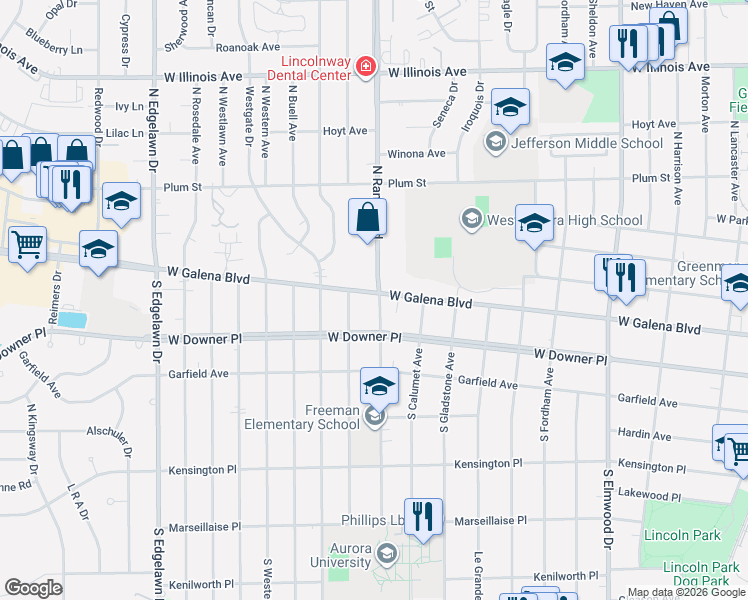 map of restaurants, bars, coffee shops, grocery stores, and more near 3 South Randall Road in Aurora