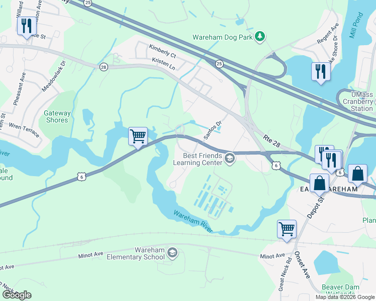 map of restaurants, bars, coffee shops, grocery stores, and more near 12 Ladd Avenue in Wareham