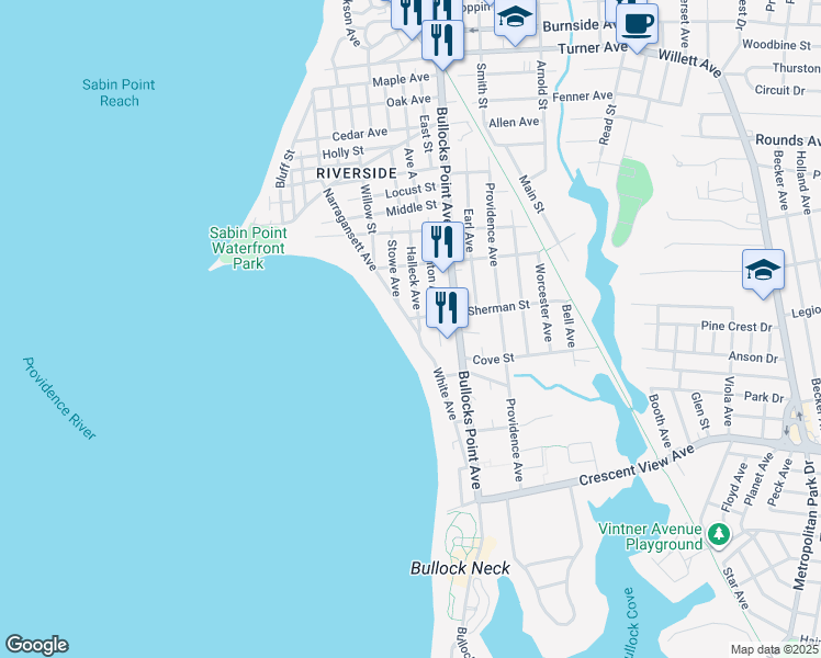 map of restaurants, bars, coffee shops, grocery stores, and more near 236 Narragansett Avenue in East Providence