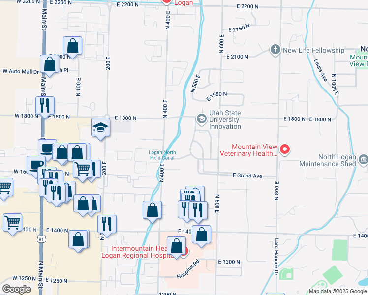 map of restaurants, bars, coffee shops, grocery stores, and more near 1695 North Research Parkway in North Logan