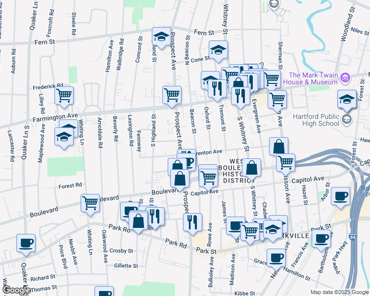 map of restaurants, bars, coffee shops, grocery stores, and more near 526 Prospect Avenue in Hartford