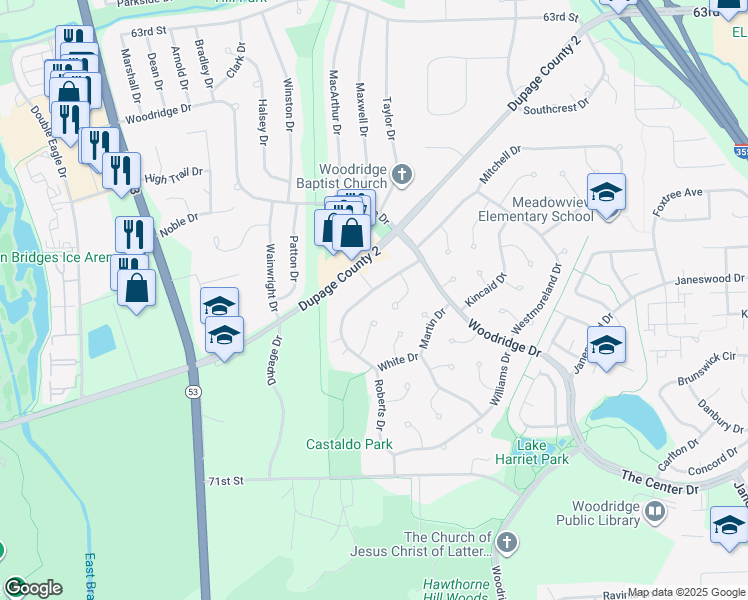 map of restaurants, bars, coffee shops, grocery stores, and more near 3017 Roberts Drive in Woodridge