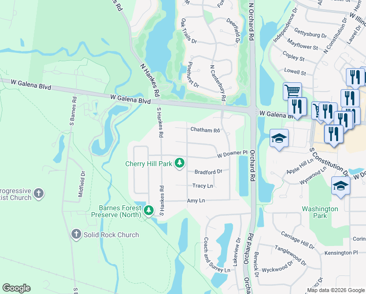 map of restaurants, bars, coffee shops, grocery stores, and more near 2504 Cambridge Circle in Aurora