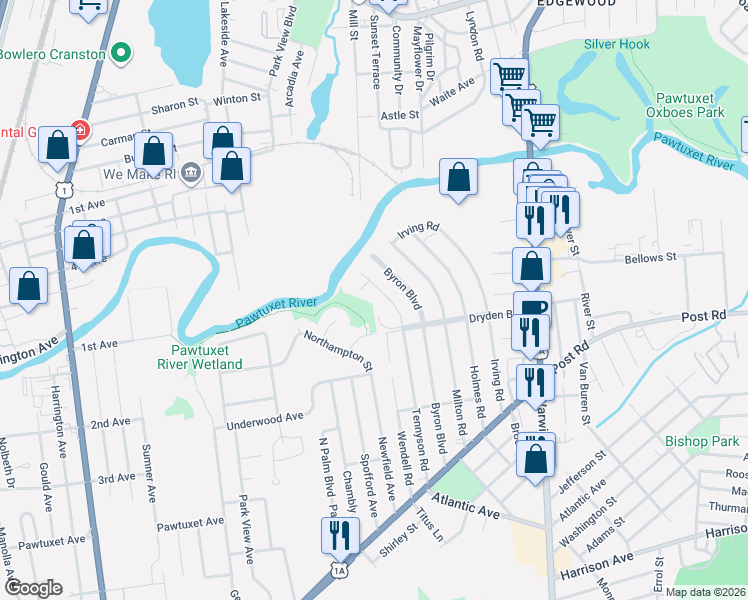map of restaurants, bars, coffee shops, grocery stores, and more near 45 Tennyson Road in Warwick