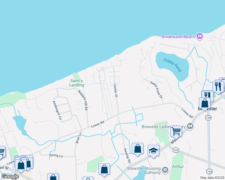 map of restaurants, bars, coffee shops, grocery stores, and more near 93 Center Street in Brewster