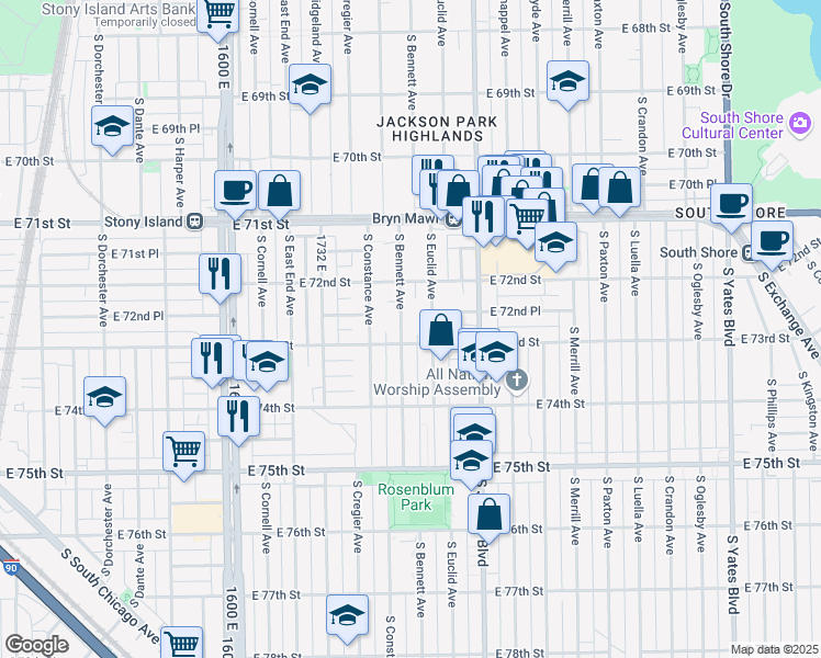 map of restaurants, bars, coffee shops, grocery stores, and more near 7245 South Bennett Avenue in Chicago