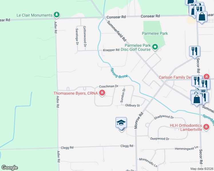 map of restaurants, bars, coffee shops, grocery stores, and more near 3984 Coachman Drive in Lambertville