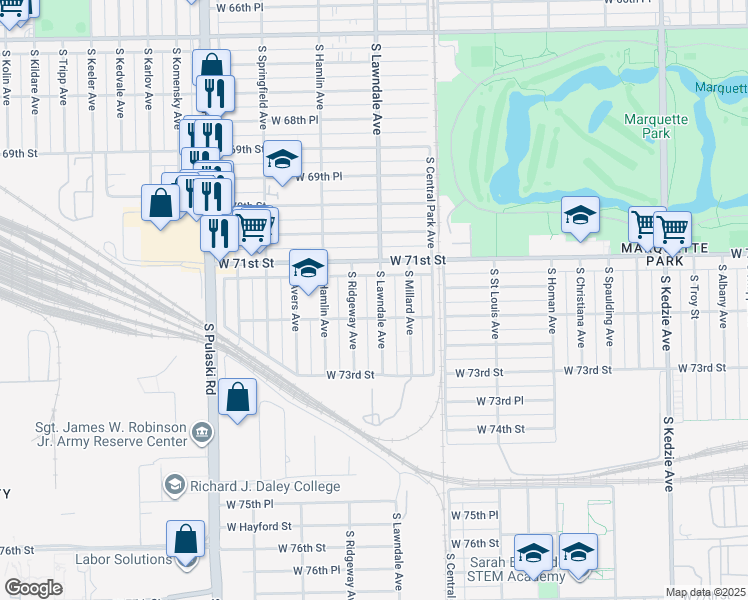 map of restaurants, bars, coffee shops, grocery stores, and more near 7142 South Lawndale Avenue in Chicago