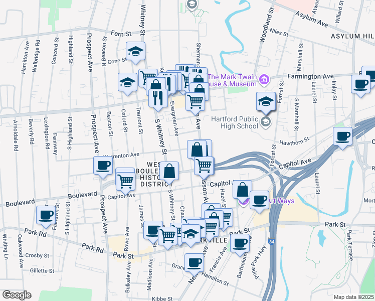 map of restaurants, bars, coffee shops, grocery stores, and more near 23 Warrenton Avenue in Hartford