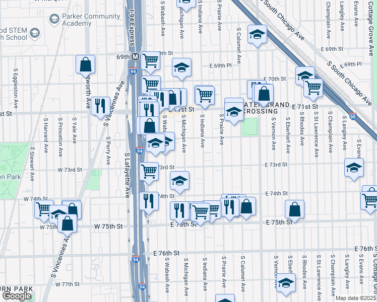 map of restaurants, bars, coffee shops, grocery stores, and more near 7227 South Michigan Avenue in Chicago