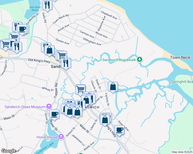map of restaurants, bars, coffee shops, grocery stores, and more near 18 State Street in Sandwich